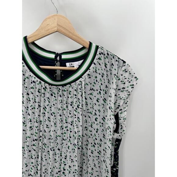 DR2 Dress Women MEDIUM White Blue Green Printed Pleated Cap Sleeve Mini - Picture 3 of 8